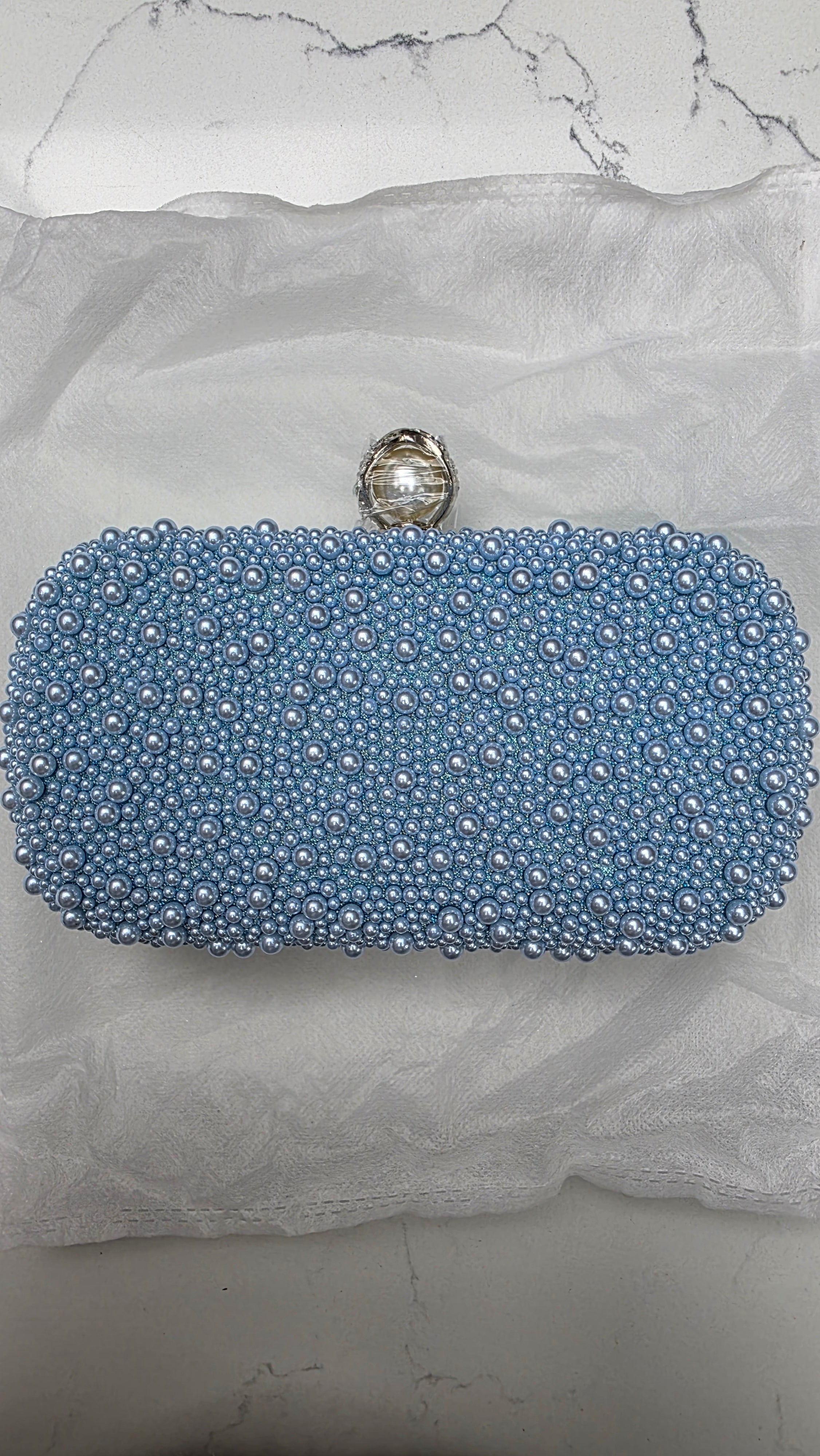 Personalised Mrs Blue Pearl Clutch Bag – Luxury Bridal Wedding Handbag | Pre-Order