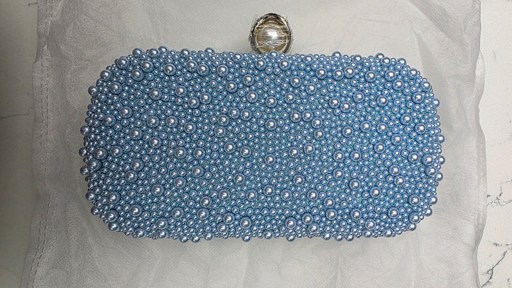Personalised Mrs Blue Pearl Clutch Bag – Luxury Bridal Wedding Handbag | Pre-Order