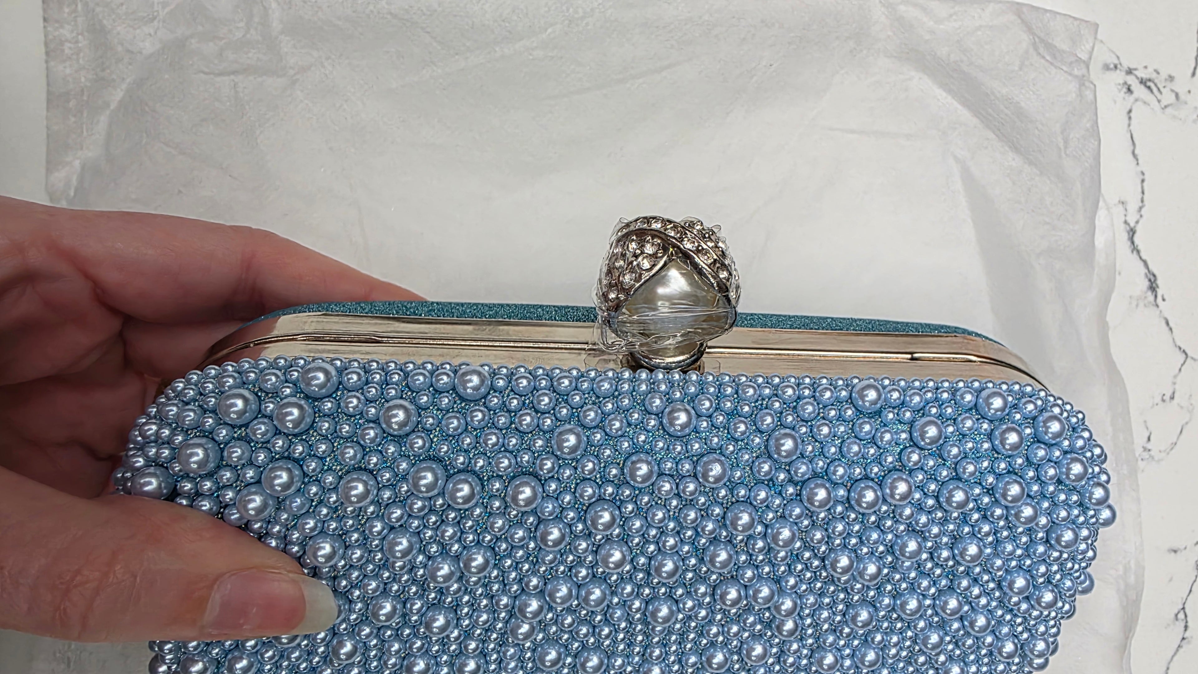 Personalised Mrs Blue Pearl Clutch Bag – Luxury Bridal Wedding Handbag | Pre-Order