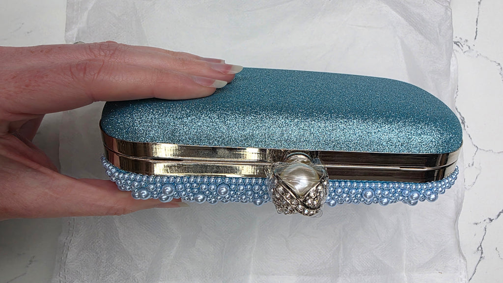 Personalised Mrs Blue Pearl Clutch Bag – Luxury Bridal Wedding Handbag | Pre-Order