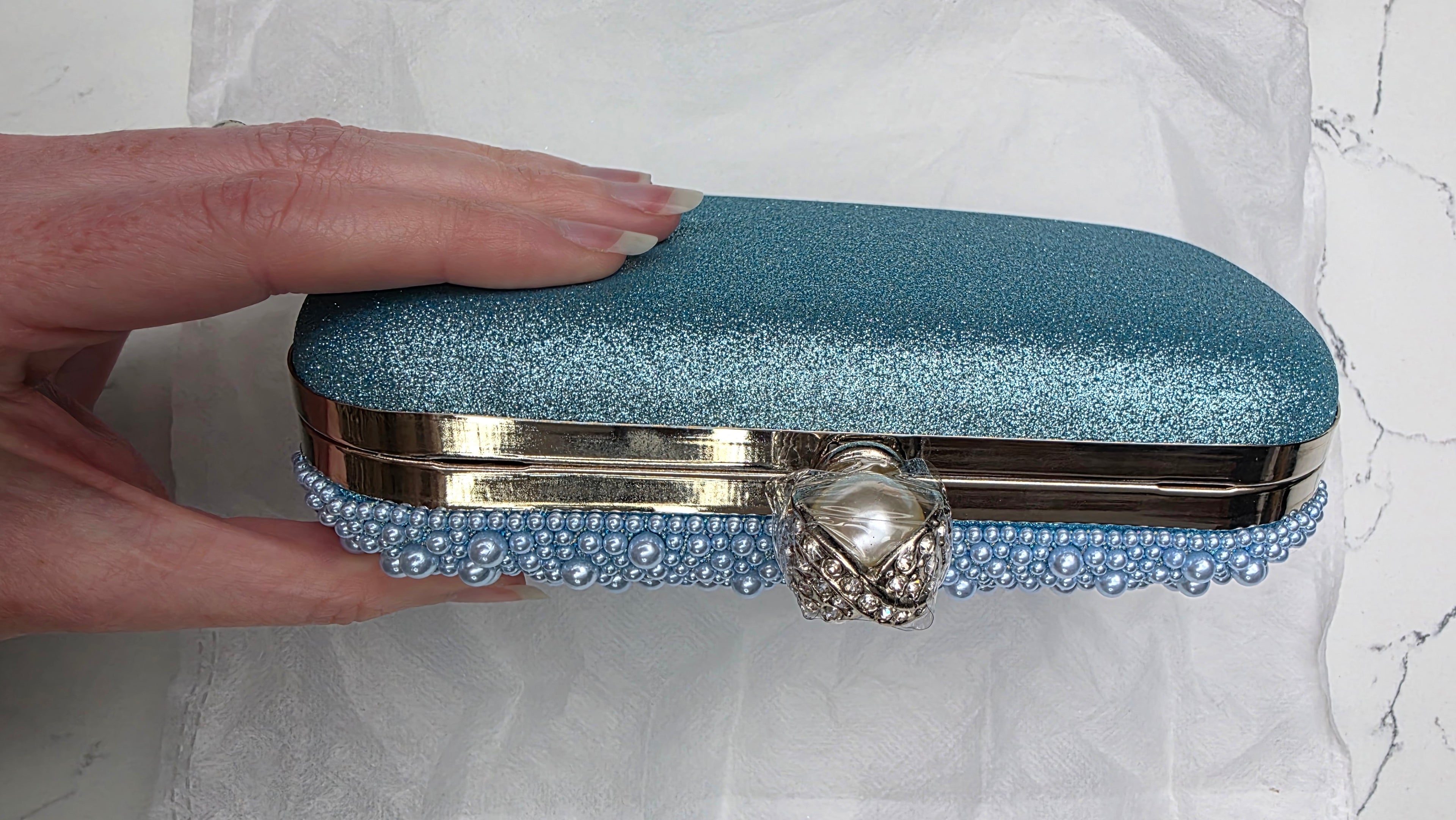 Personalised Mrs Blue Pearl Clutch Bag – Luxury Bridal Wedding Handbag | Pre-Order
