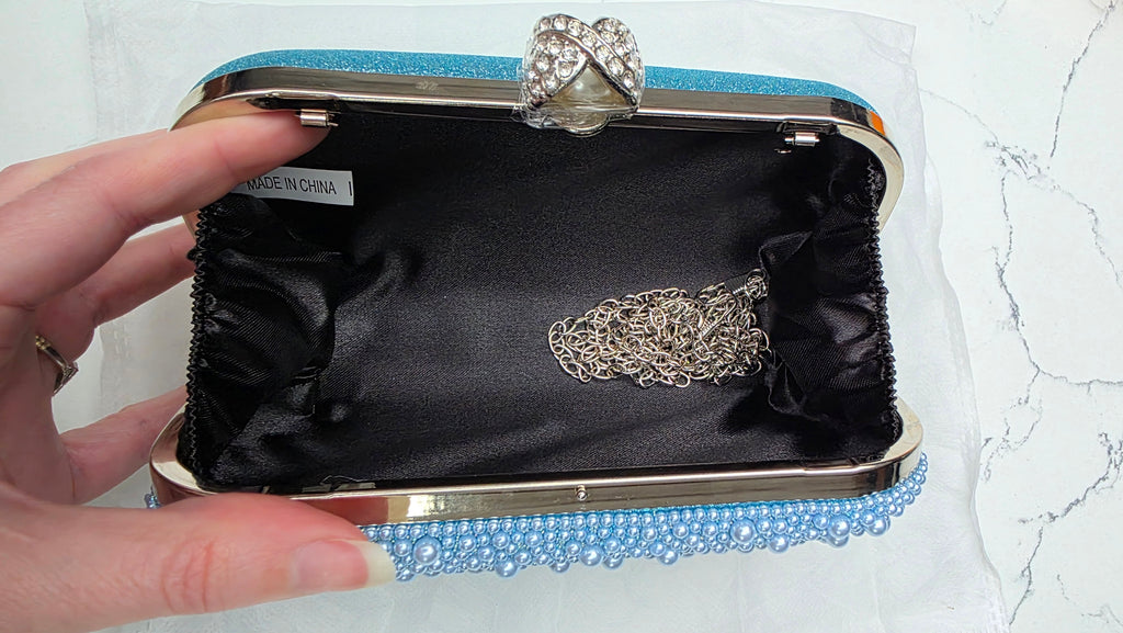 Personalised Mrs Blue Pearl Clutch Bag – Luxury Bridal Wedding Handbag | Pre-Order