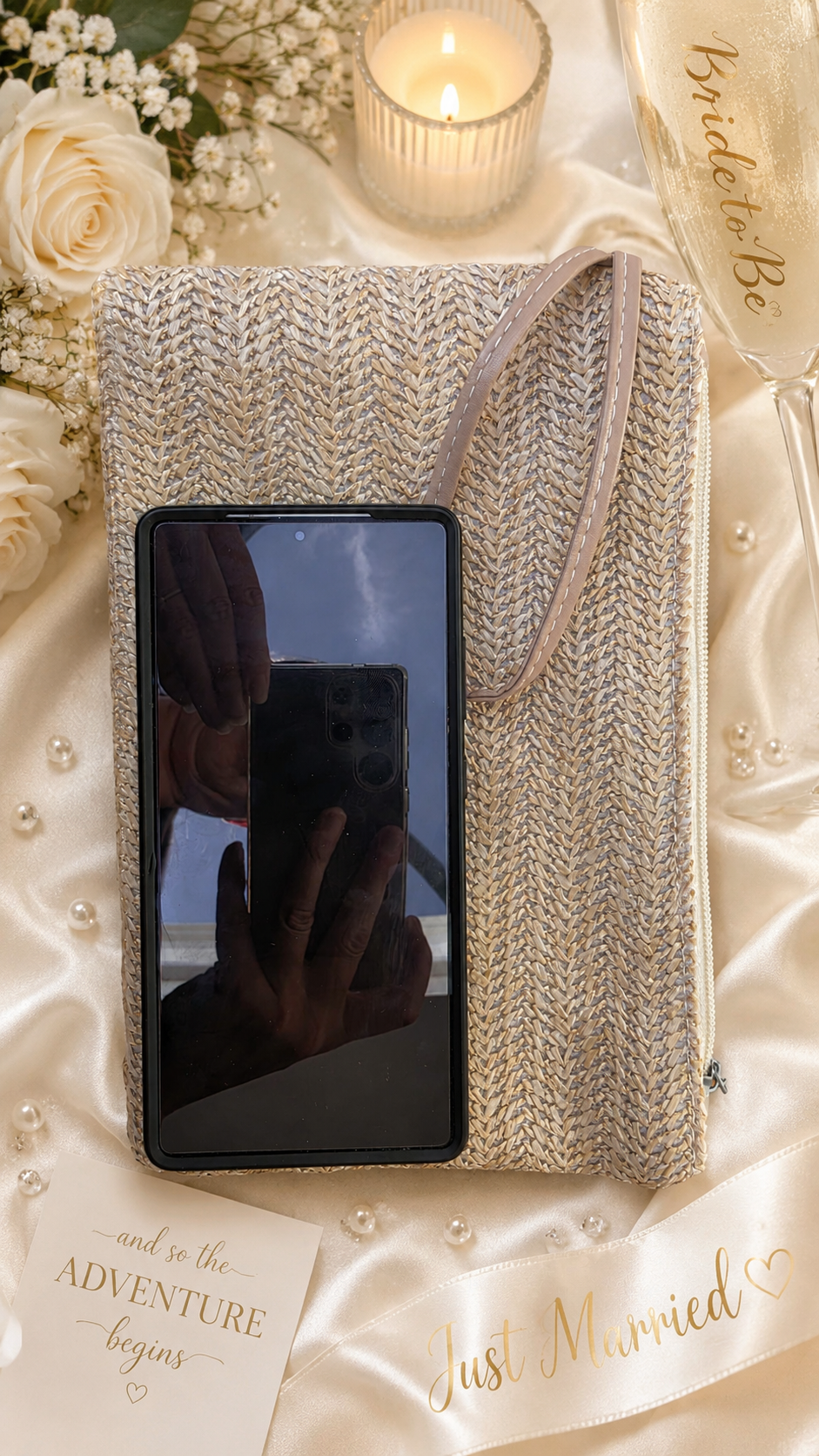 Personalised Pearl & Crystal Bridal Clutch Bag – Woven Boho Wedding Evening Bag
