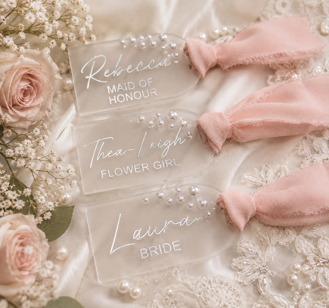 Personalised Wedding Hanger Tag, Acrylic Pearl Bridal Party Gift
