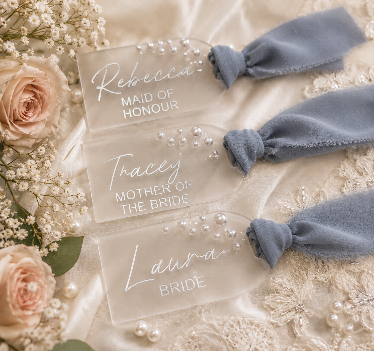 Personalised Wedding Hanger Tag, Acrylic Pearl Bridal Party Gift