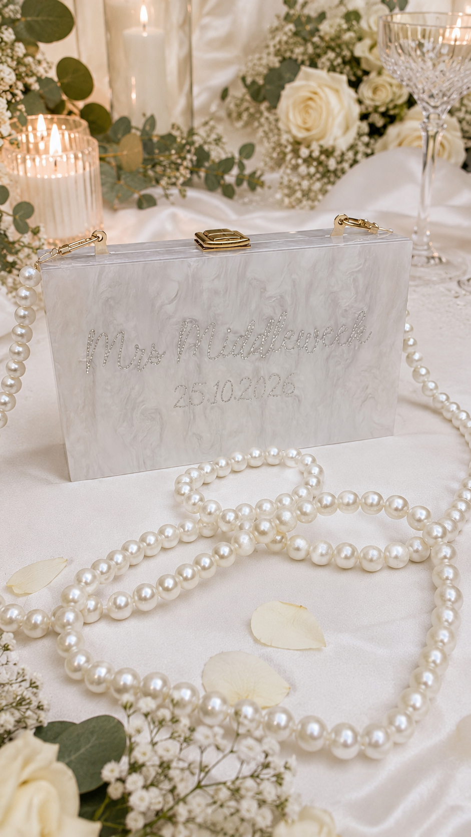 Personalised Mrs Pearl Clutch Bag – Wedding Day Bridal Bag