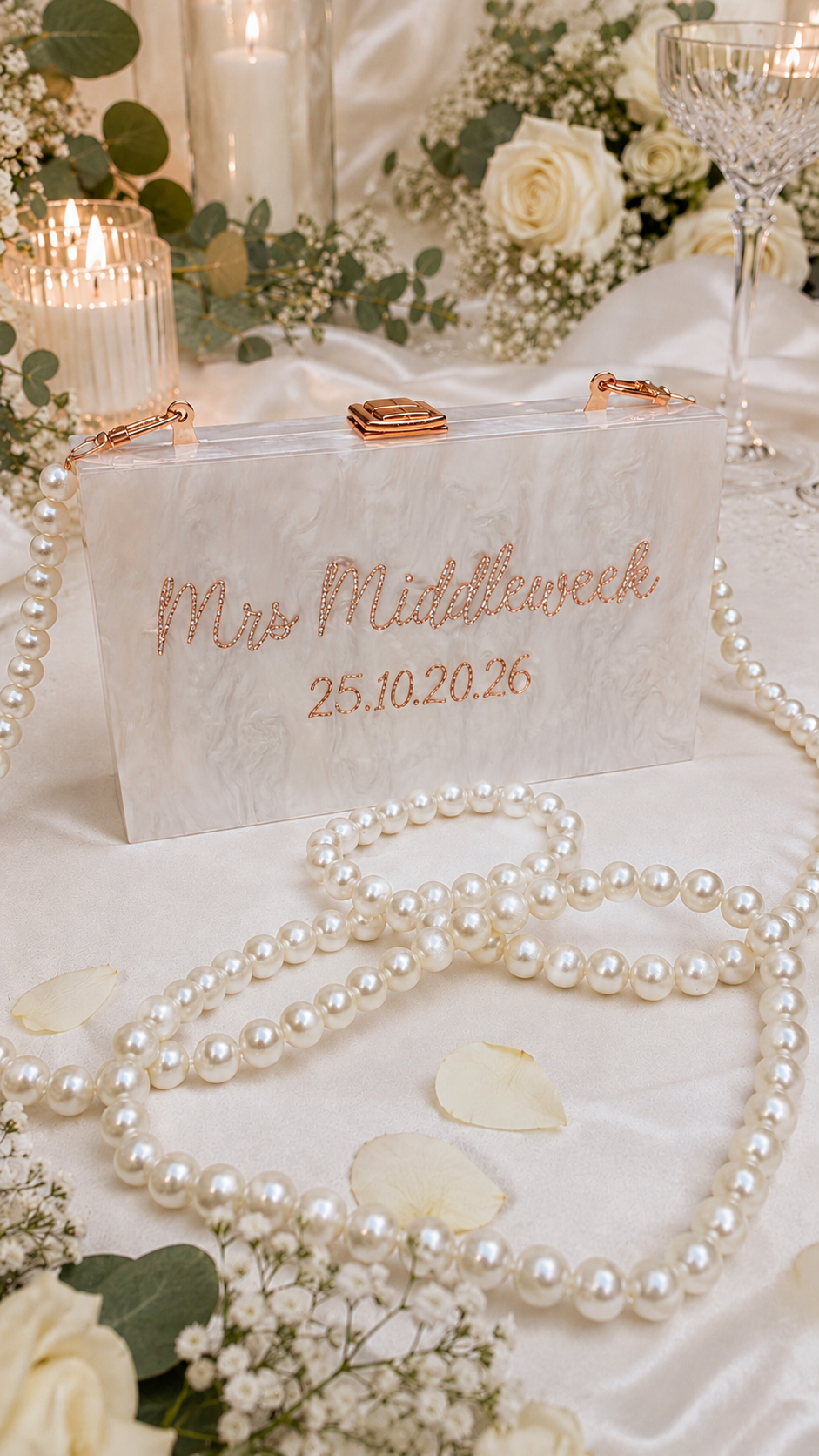 Personalised Mrs Pearl Clutch Bag – Wedding Day Bridal Bag