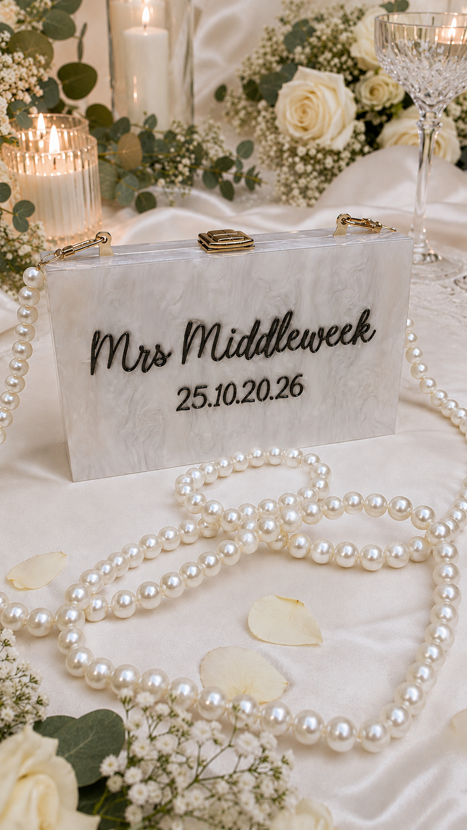 Personalised Mrs Pearl Clutch Bag – Wedding Day Bridal Bag