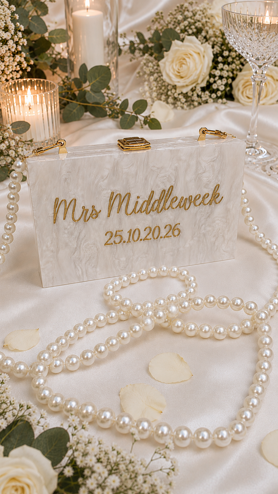 Personalised Mrs Pearl Clutch Bag – Wedding Day Bridal Bag
