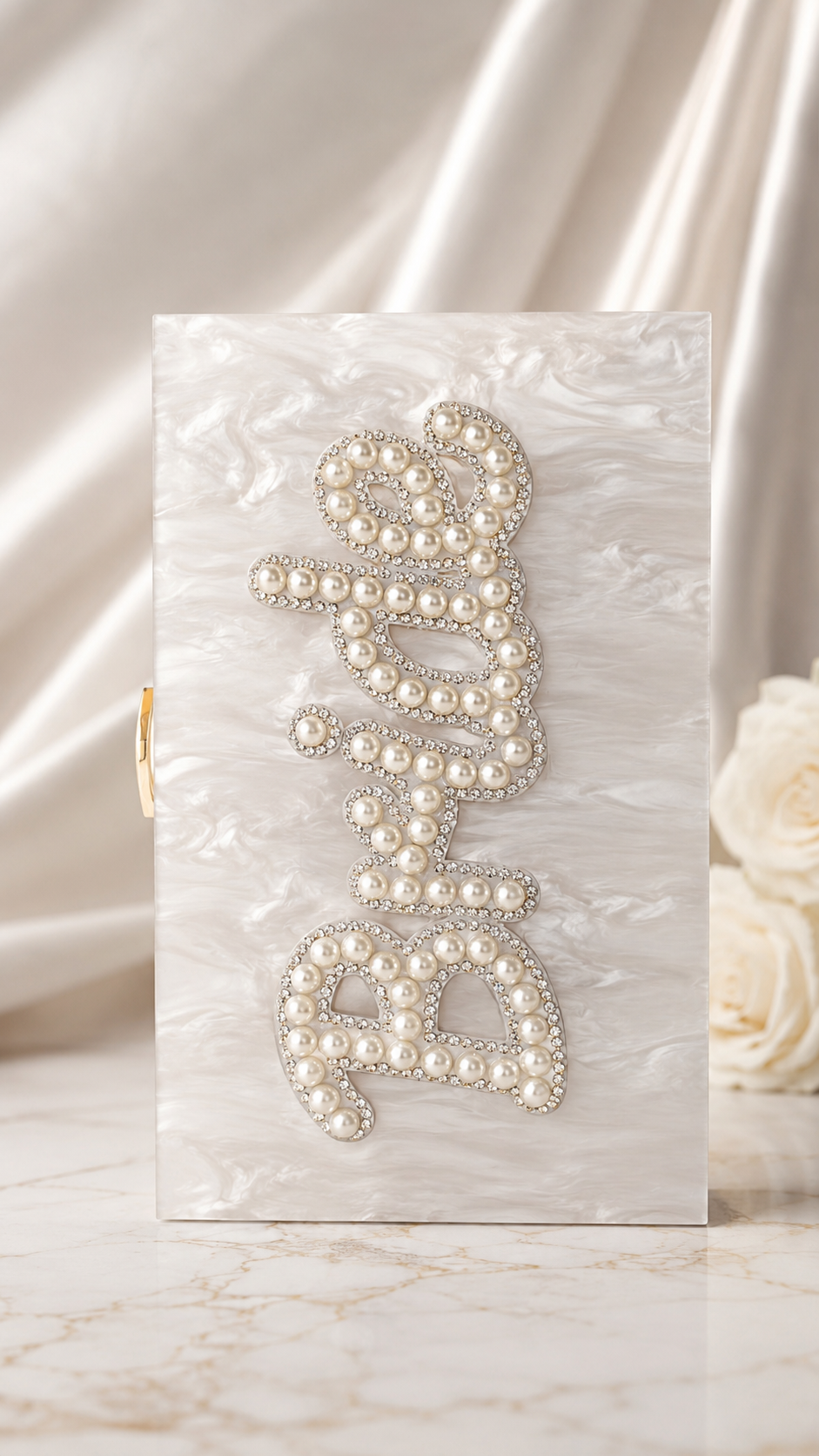 Personalised Bride Pearl Marble Clutch Bag – Luxury Bridal Wedding Handbag