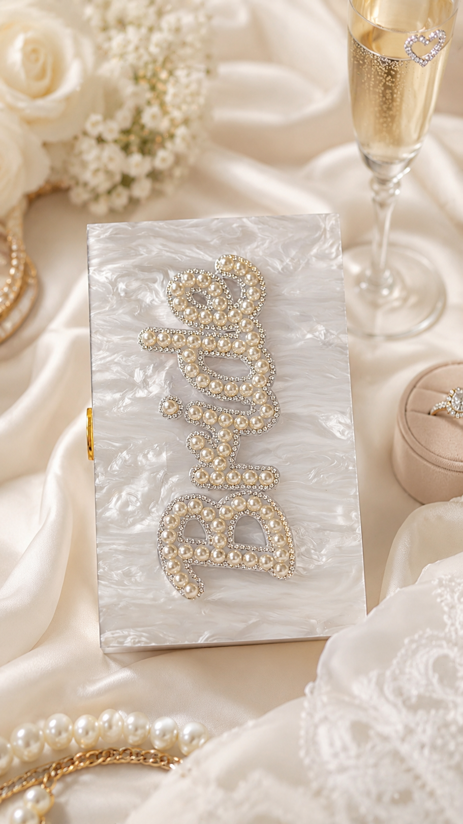 Personalised Bride Pearl Marble Clutch Bag – Luxury Bridal Wedding Handbag