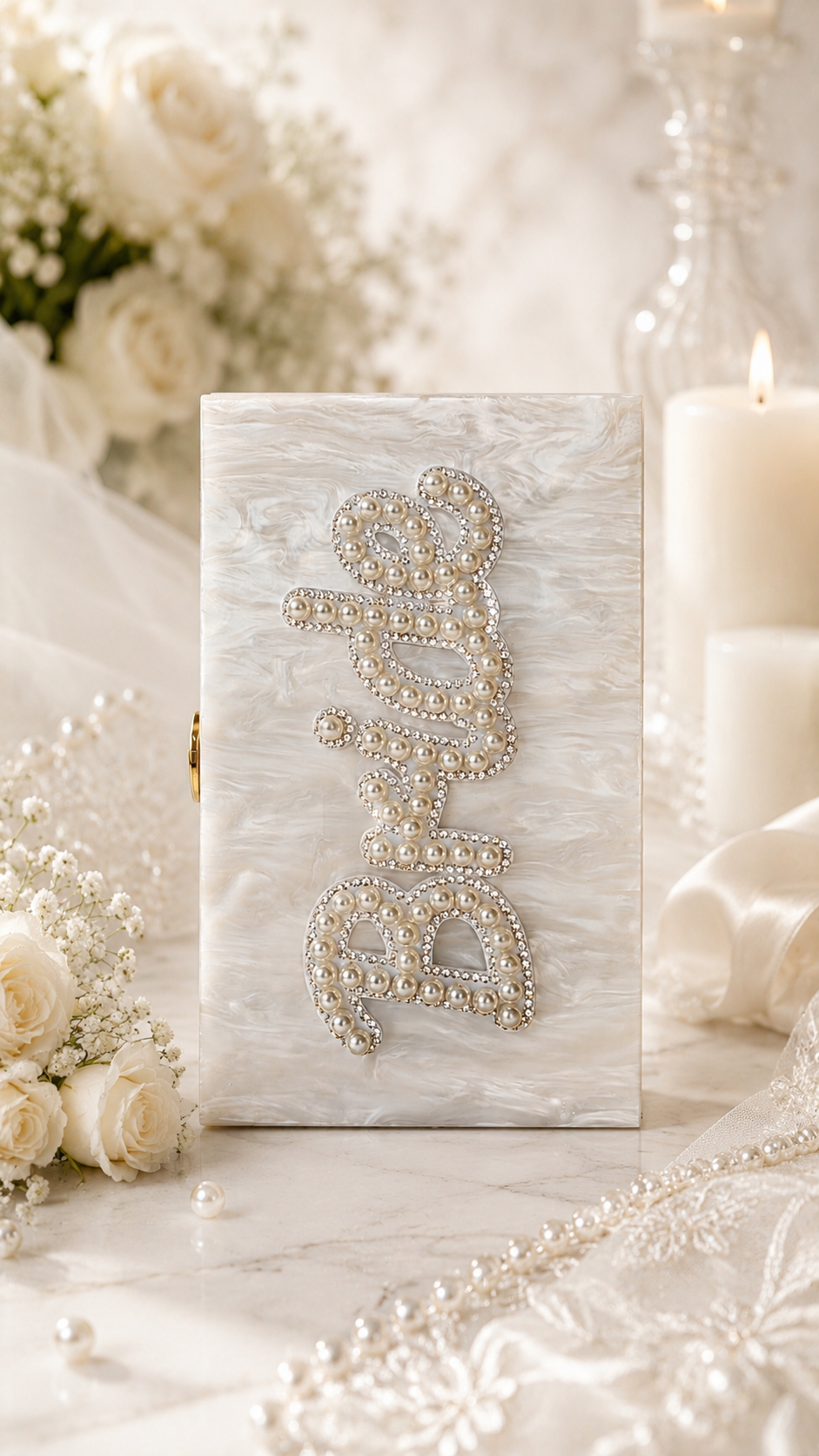 Personalised Bride Pearl Marble Clutch Bag – Luxury Bridal Wedding Handbag