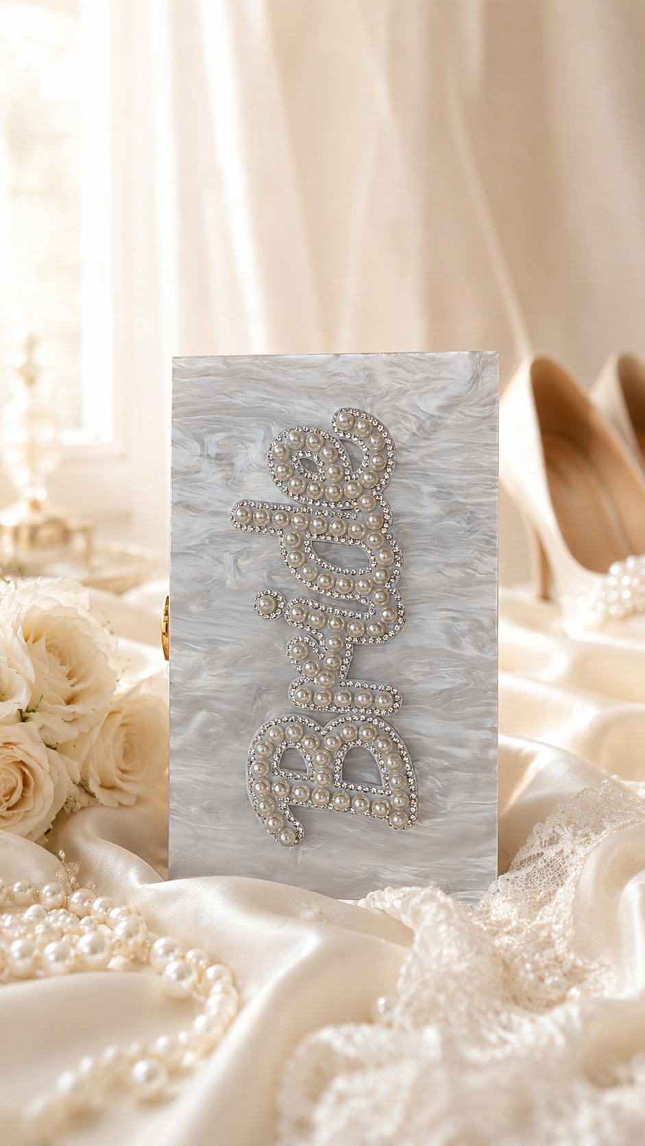 Personalised Bride Pearl Marble Clutch Bag – Luxury Bridal Wedding Handbag