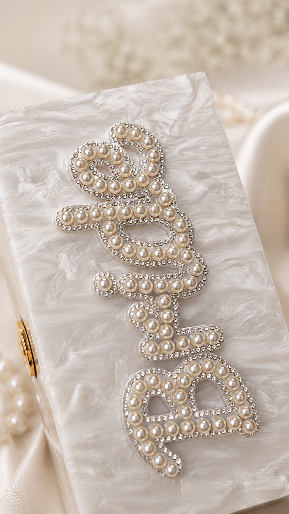 Personalised Bride Pearl Marble Clutch Bag – Luxury Bridal Wedding Handbag