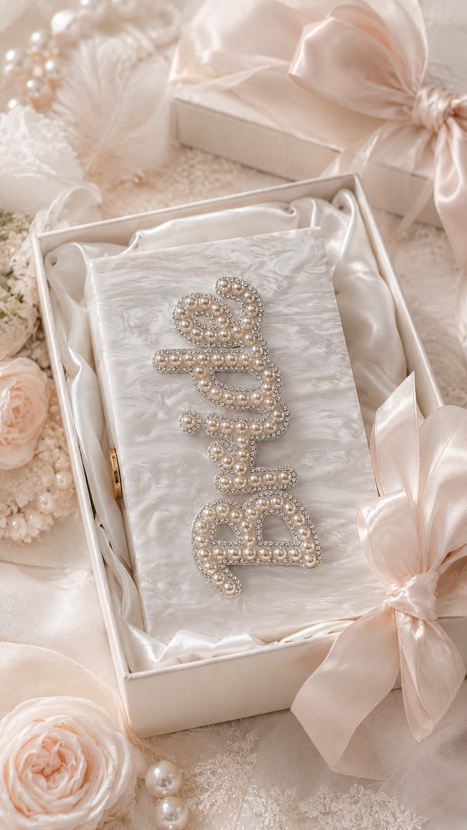 Personalised Bride Pearl Marble Clutch Bag – Luxury Bridal Wedding Handbag