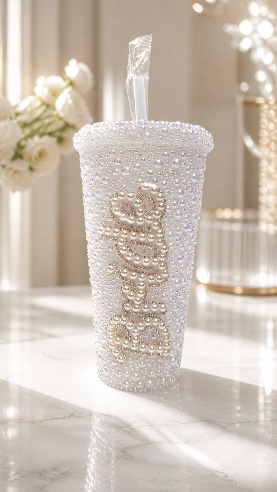Personalised Bride Pearl Tumbler Cup – Luxury Bridal Cup & Wedding Keepsake