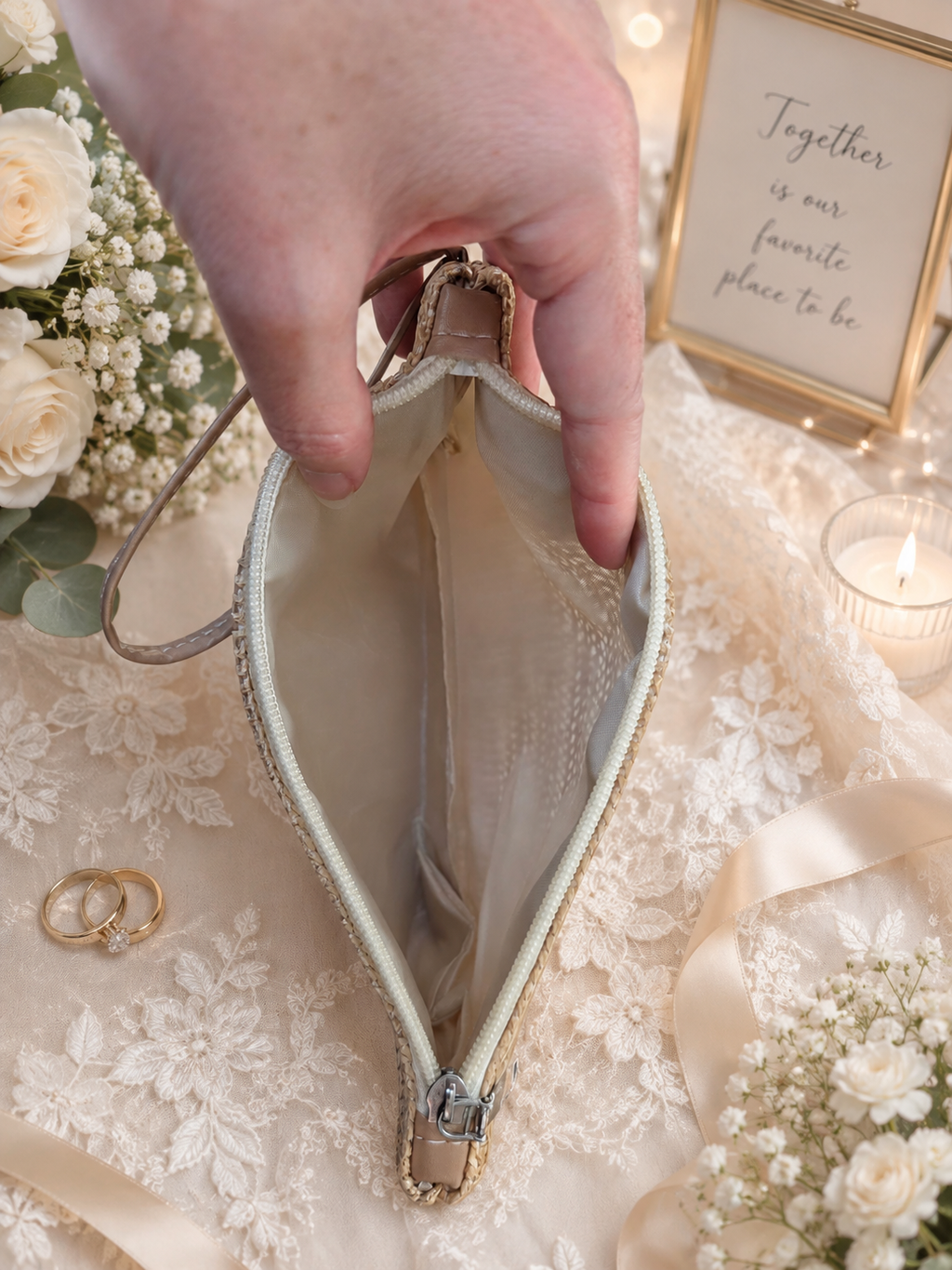Personalised Pearl & Crystal Bridal Clutch Bag – Woven Boho Wedding Evening Bag