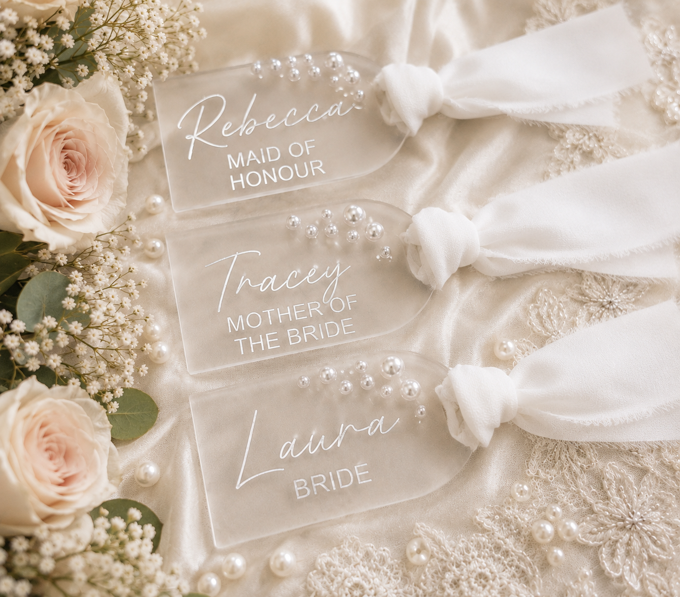 Personalised Wedding Hanger Tag, Acrylic Pearl Bridal Party Gift