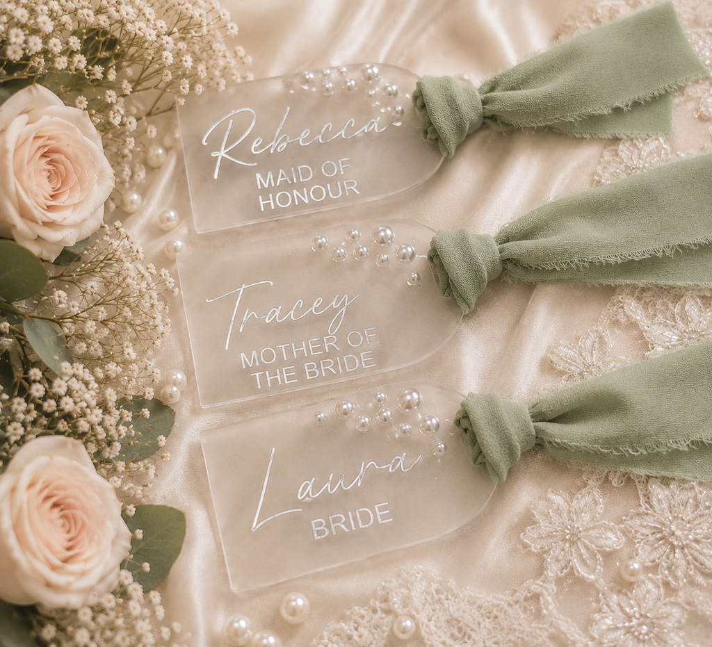 Personalised Wedding Hanger Tag, Acrylic Pearl Bridal Party Gift