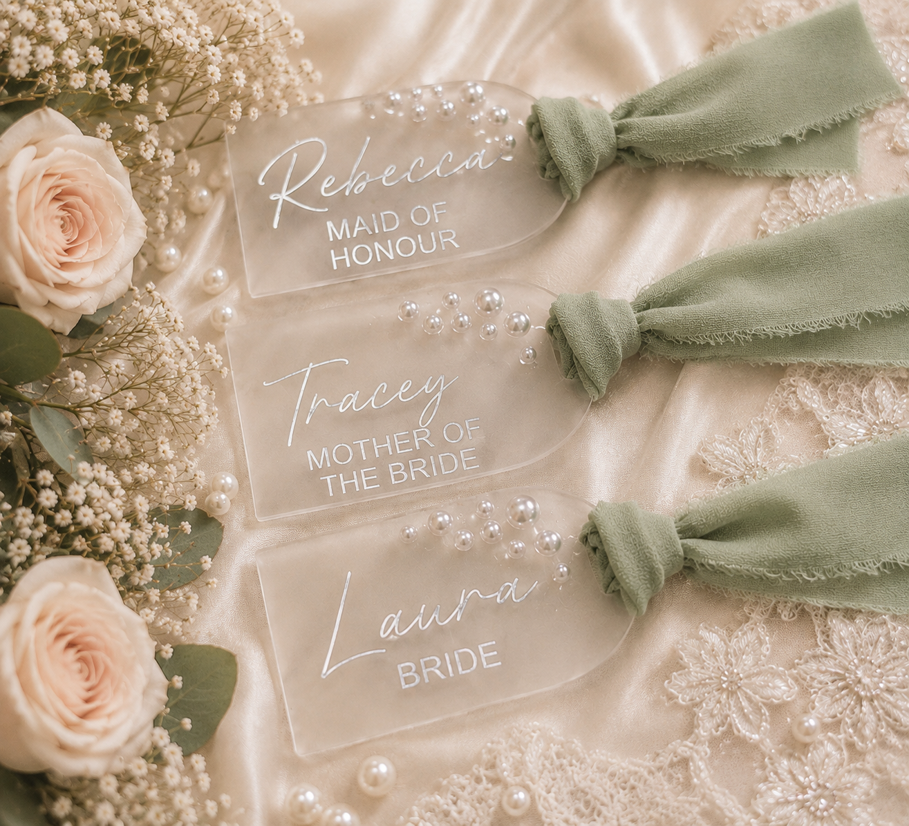 Personalised Wedding Hanger Tag, Acrylic Pearl Bridal Party Gift