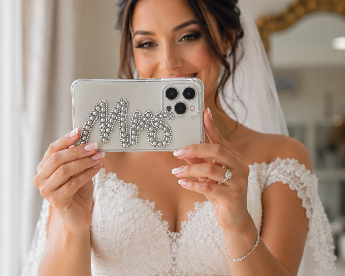 A smiling bride in a white lace wedding dress holds up a clear phone case decorated with sparkling rhinestones spelling 'MRS'.