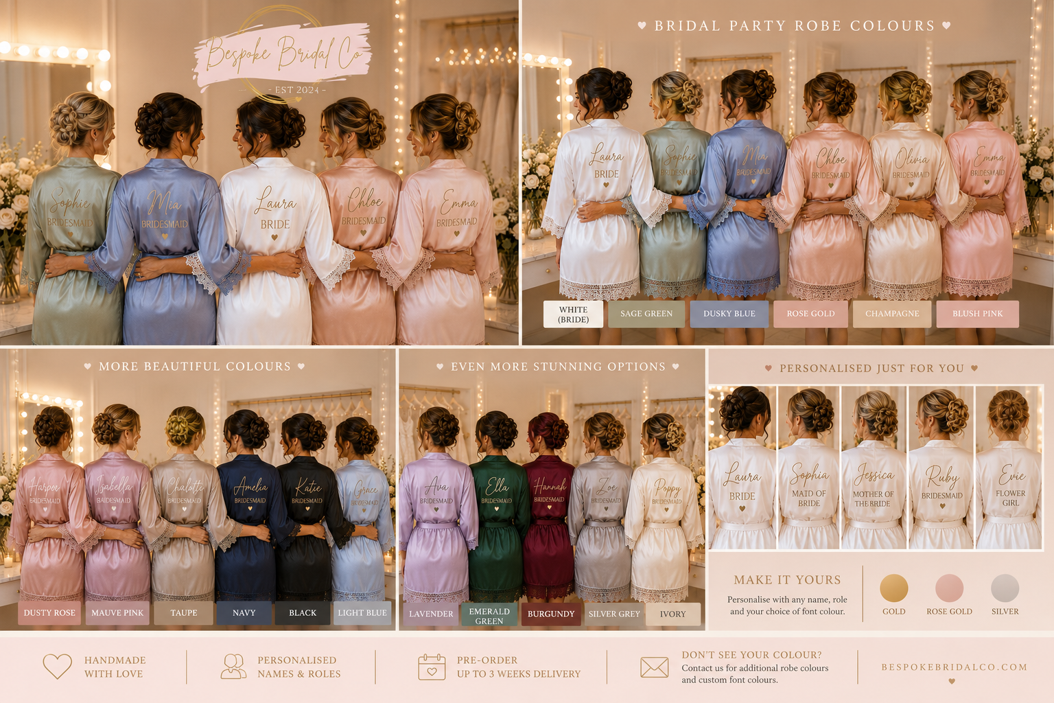 Personalised Bridal Party Satin Robes – Bride & Bridesmaid Wedding Robes | Pre-Order