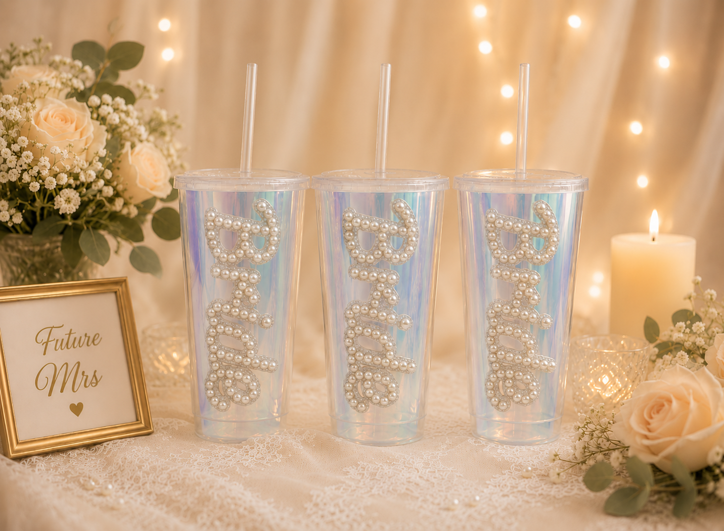Personalised Bride Iridescent Pearl Tumbler Cup – Luxury Bridal Gift | Pre-Order