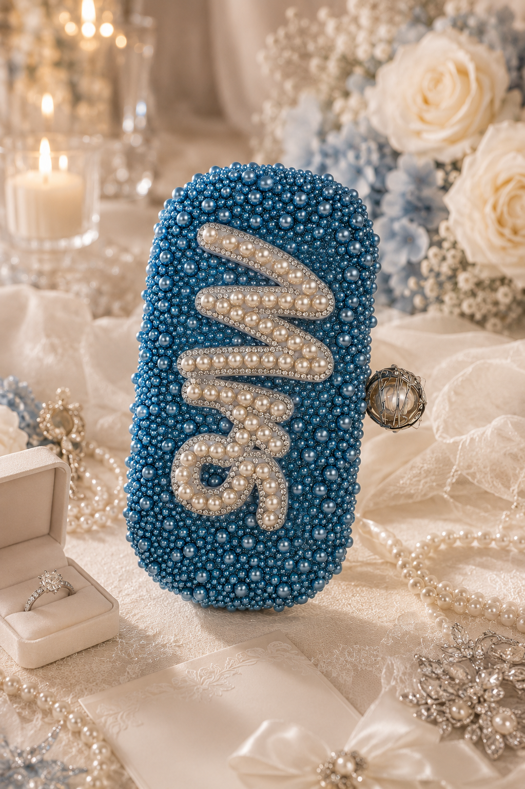 Personalised Mrs Blue Pearl Clutch Bag – Luxury Bridal Wedding Handbag