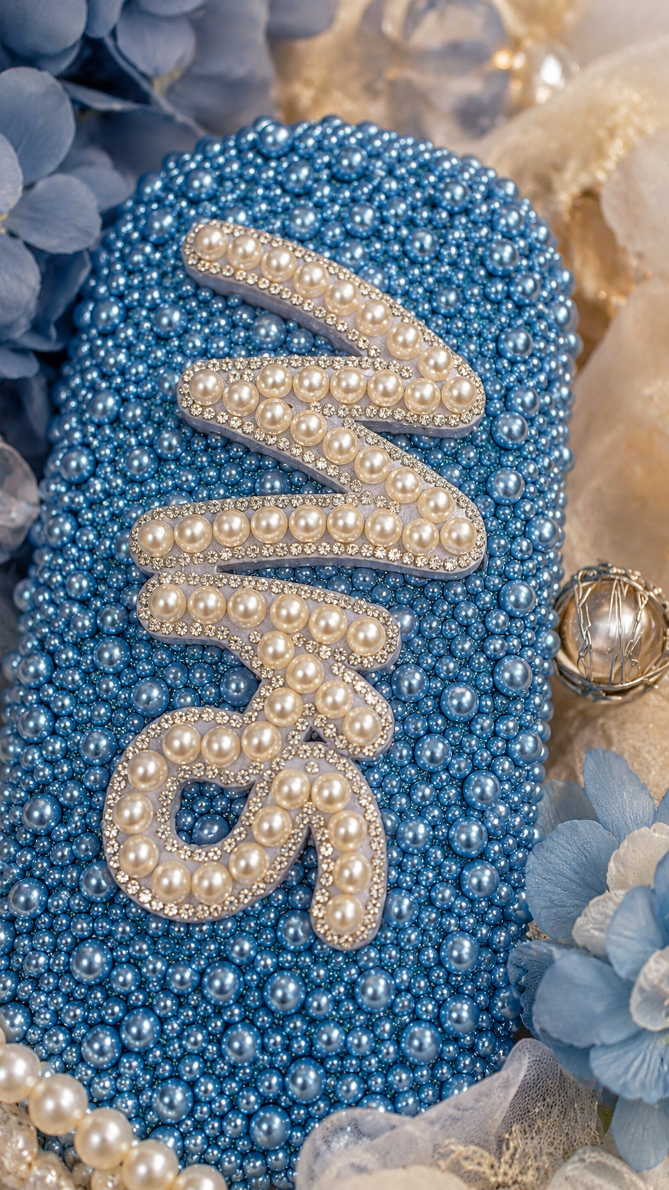 Personalised Mrs Blue Pearl Clutch Bag – Luxury Bridal Wedding Handbag