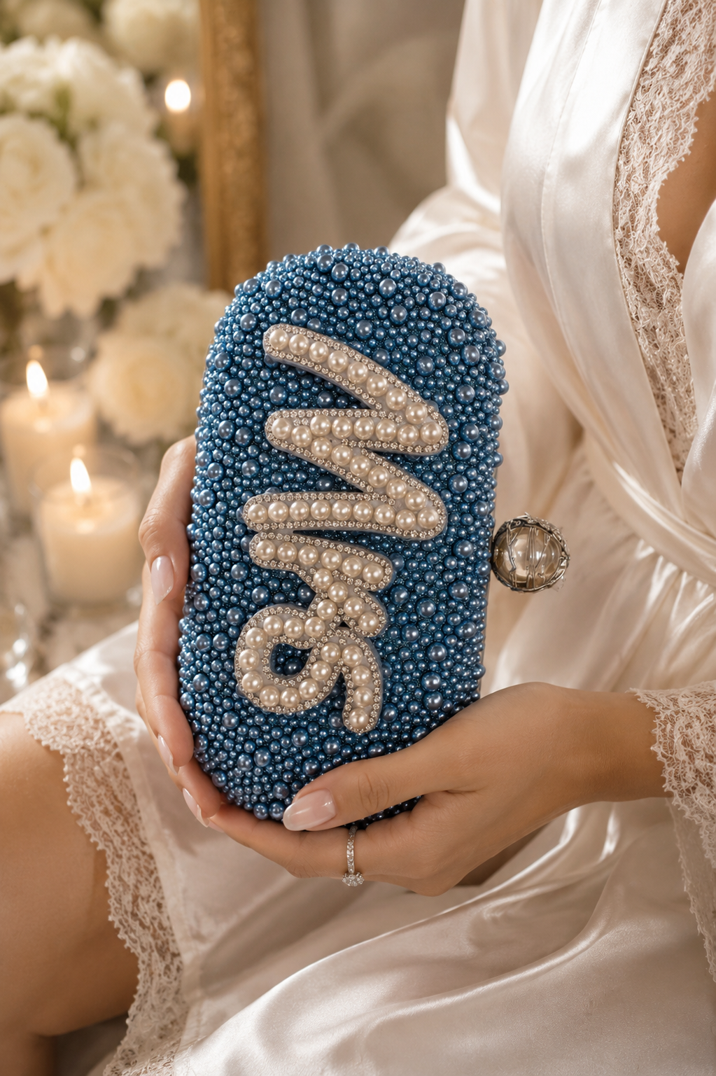 Personalised Mrs Blue Pearl Clutch Bag – Luxury Bridal Wedding Handbag