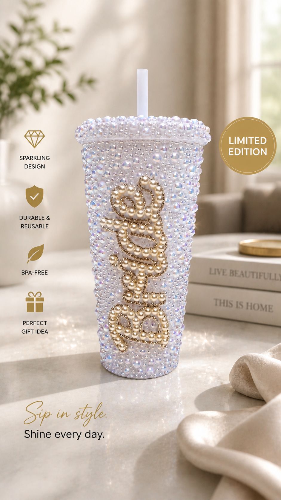 Personalised Bride Pearl Tumbler Cup – Luxury Bridal Cup & Wedding Keepsake