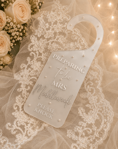 Personalised Bridal Door Hanger – Preparing To Be Mrs Wedding Door Sign | Pre-Order - Bespoke Bridal Co