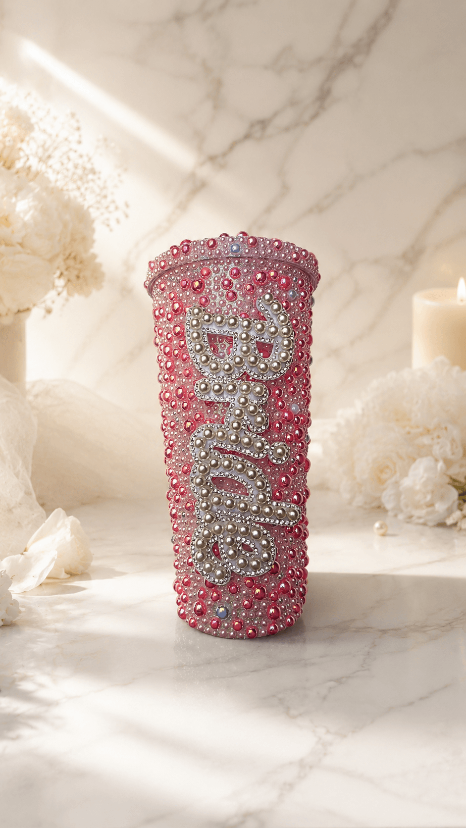 Personalised Bride Deep Pink Pearl Tumbler Cup – Luxury Bridal Gift - Bespoke Bridal Co