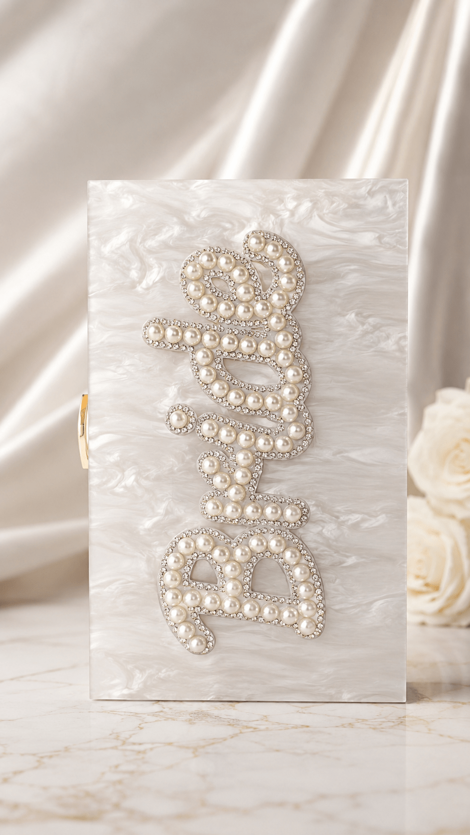 Personalised Bride Pearl Marble Clutch Bag – Luxury Bridal Wedding Handbag - Bespoke Bridal Co