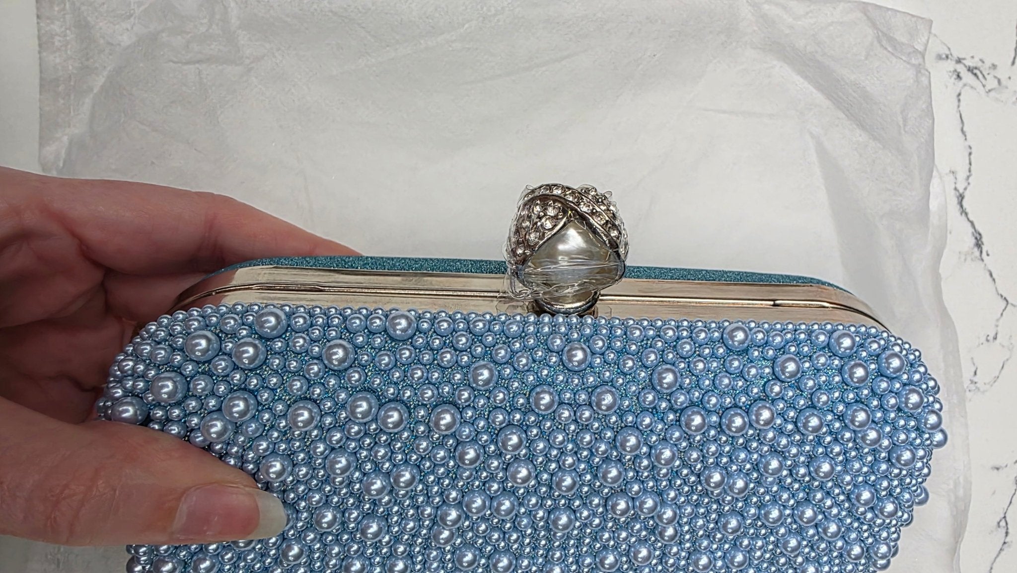 Personalised Mrs Blue Pearl Clutch Bag – Luxury Bridal Wedding Handbag - Bespoke Bridal Co