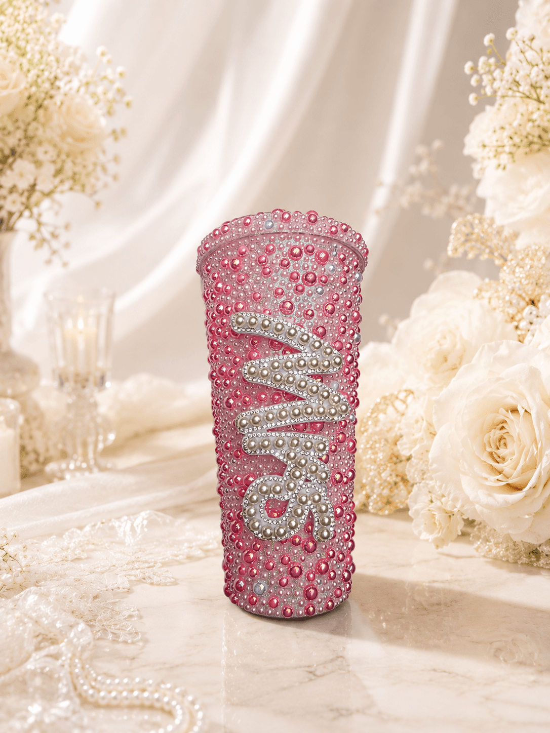 Personalised Mrs Deep Pink Pearl Tumbler Cup – Luxury Bridal Cup - Bespoke Bridal Co