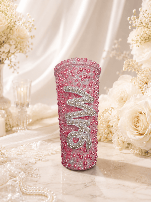 Personalised Mrs Deep Pink Pearl Tumbler Cup – Luxury Bridal Cup - Bespoke Bridal Co