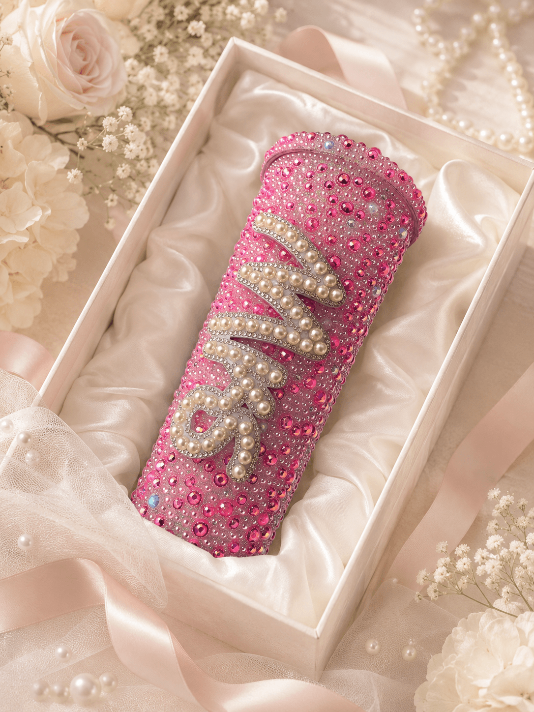 Personalised Mrs Deep Pink Pearl Tumbler Cup – Luxury Bridal Cup - Bespoke Bridal Co