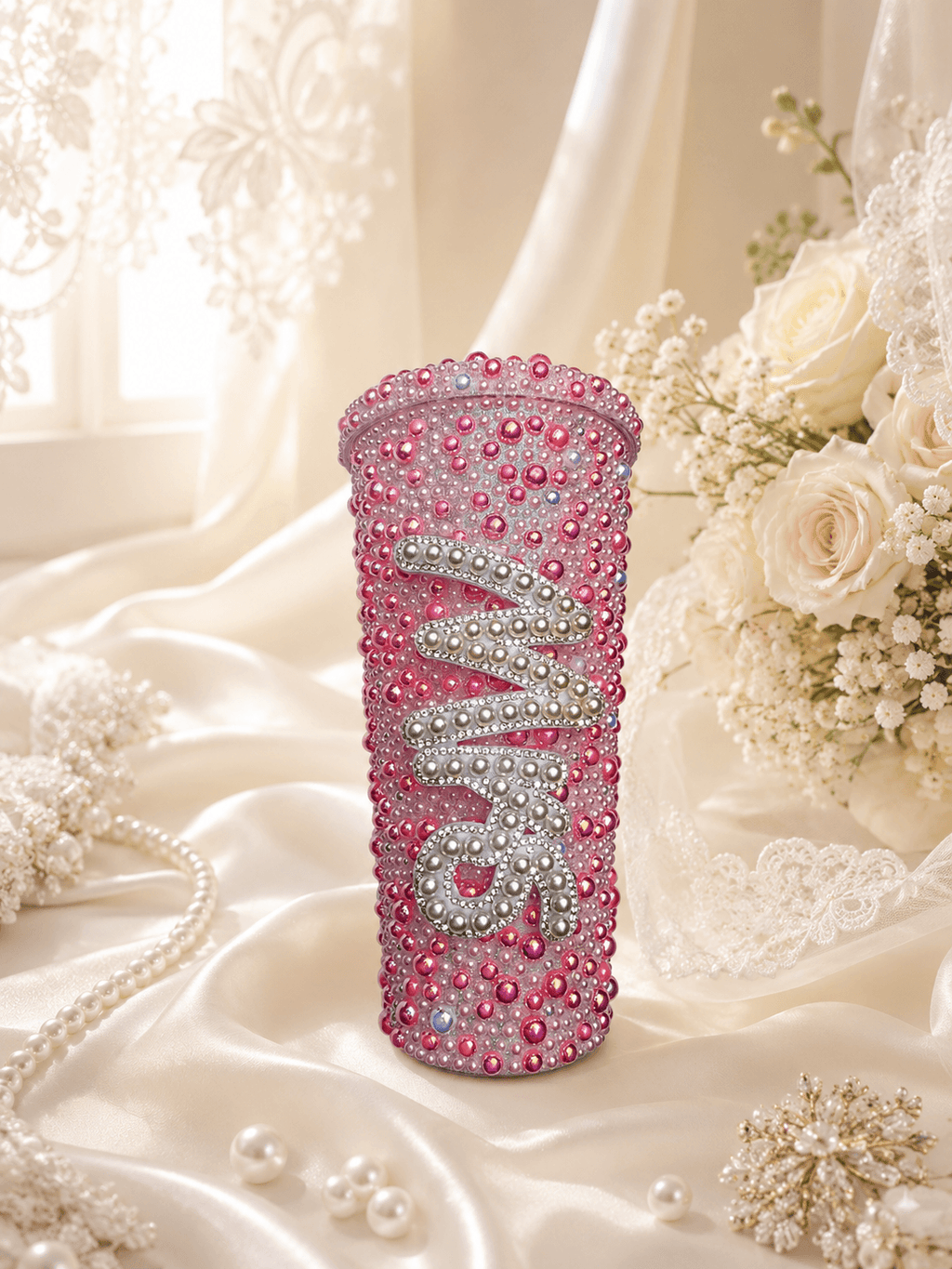 Personalised Mrs Deep Pink Pearl Tumbler Cup – Luxury Bridal Cup - Bespoke Bridal Co