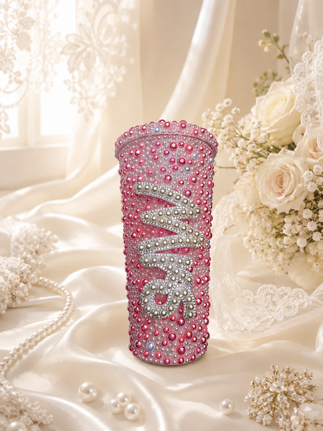 Personalised Mrs Deep Pink Pearl Tumbler Cup – Luxury Bridal Cup - Bespoke Bridal Co