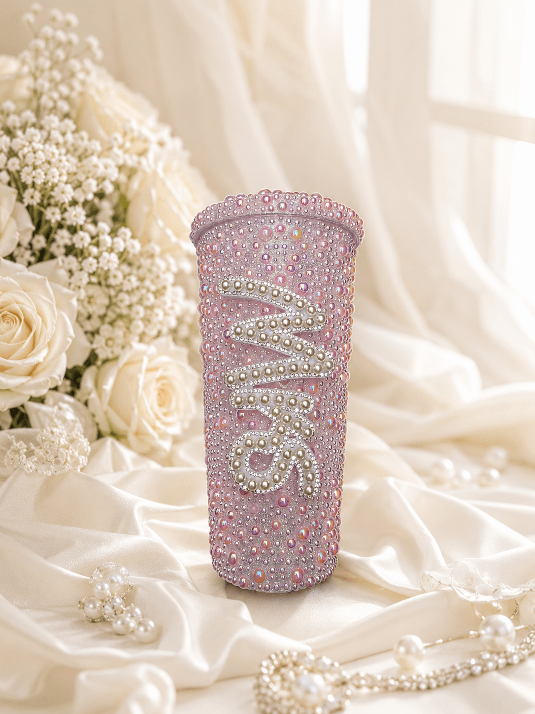 Personalised Mrs Light Pink Pearl Tumbler Cup – Luxury Bridal Gift - Bespoke Bridal Co