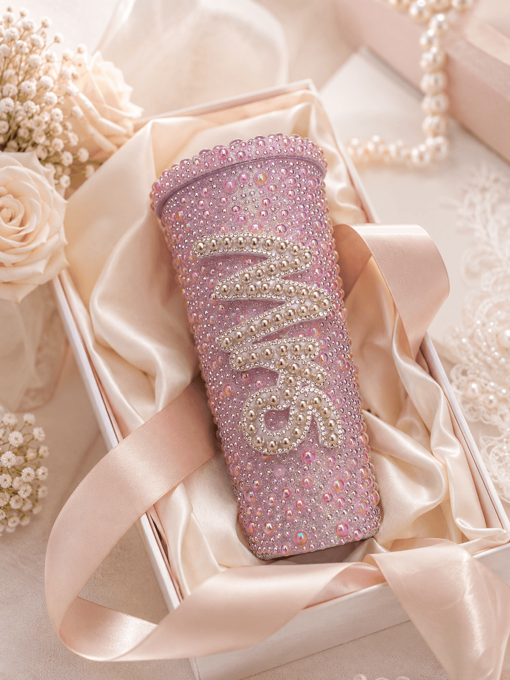 Personalised Mrs Light Pink Pearl Tumbler Cup – Luxury Bridal Gift - Bespoke Bridal Co