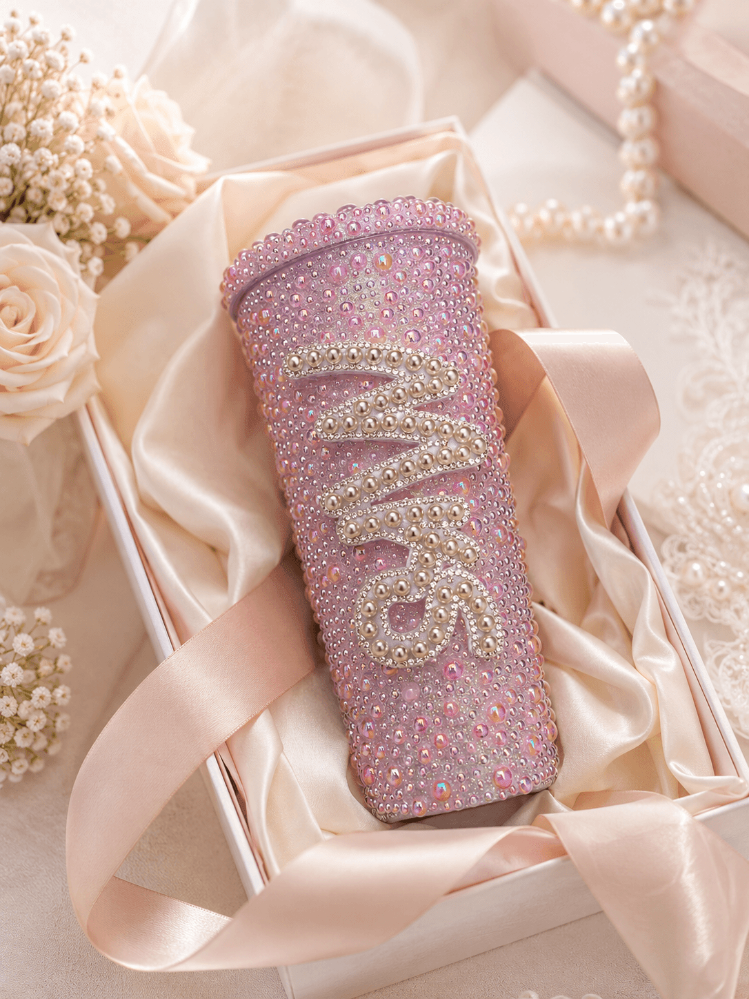 Personalised Mrs Light Pink Pearl Tumbler Cup – Luxury Bridal Gift - Bespoke Bridal Co