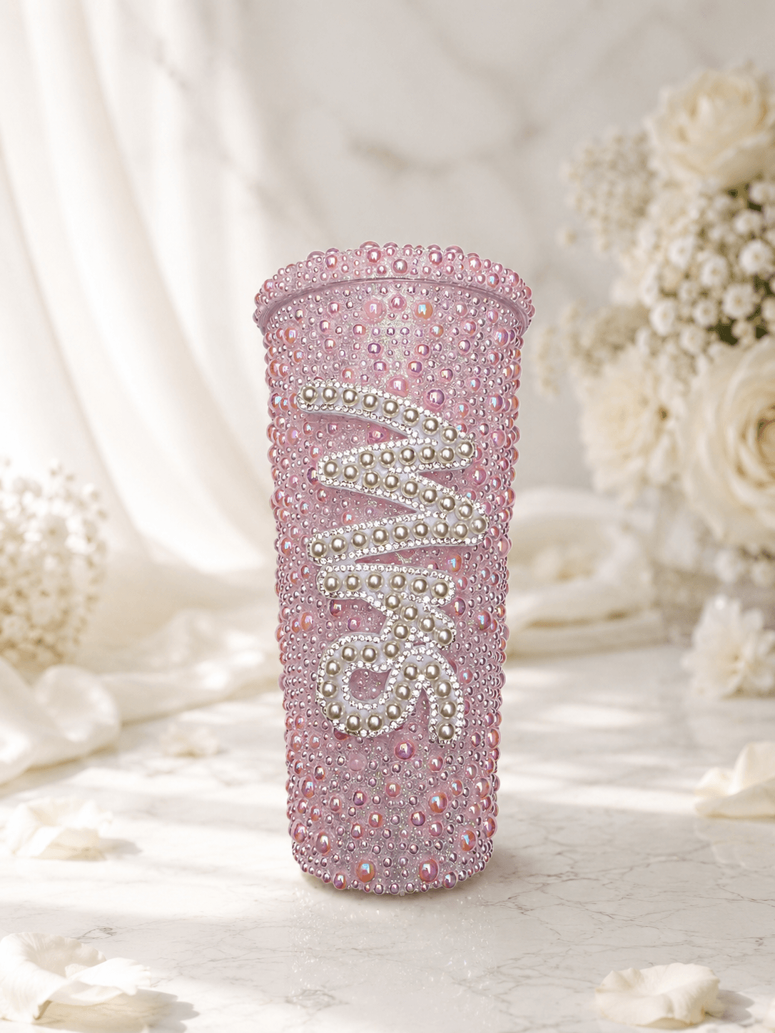 Personalised Mrs Light Pink Pearl Tumbler Cup – Luxury Bridal Gift - Bespoke Bridal Co