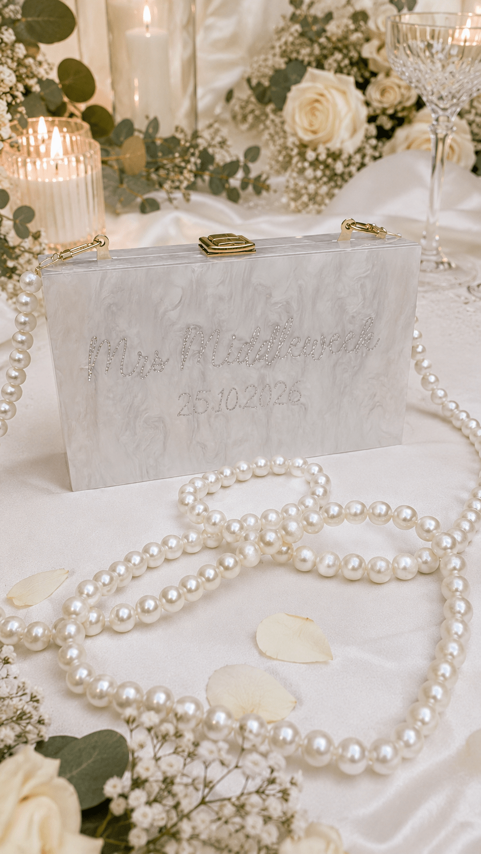 Personalised Mrs Pearl Clutch Bag – Wedding Day Bridal Bag - Bespoke Bridal Co