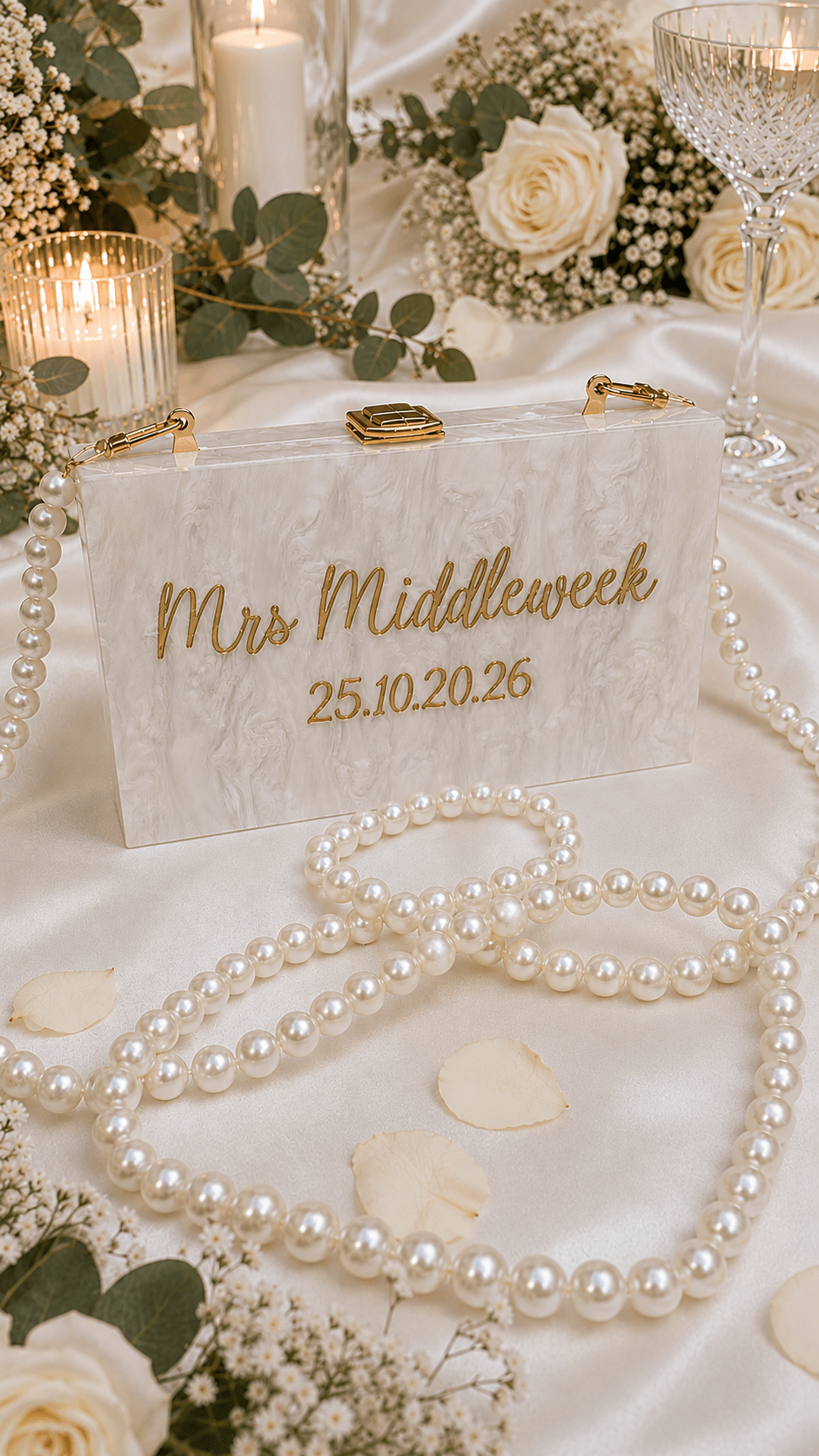 Personalised Mrs Pearl Clutch Bag – Wedding Day Bridal Bag - Bespoke Bridal Co