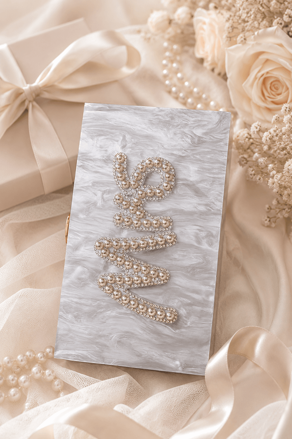 Personalised Mrs Pearl Marble Clutch Bag – Luxury Bridal Wedding Handbag - Bespoke Bridal Co