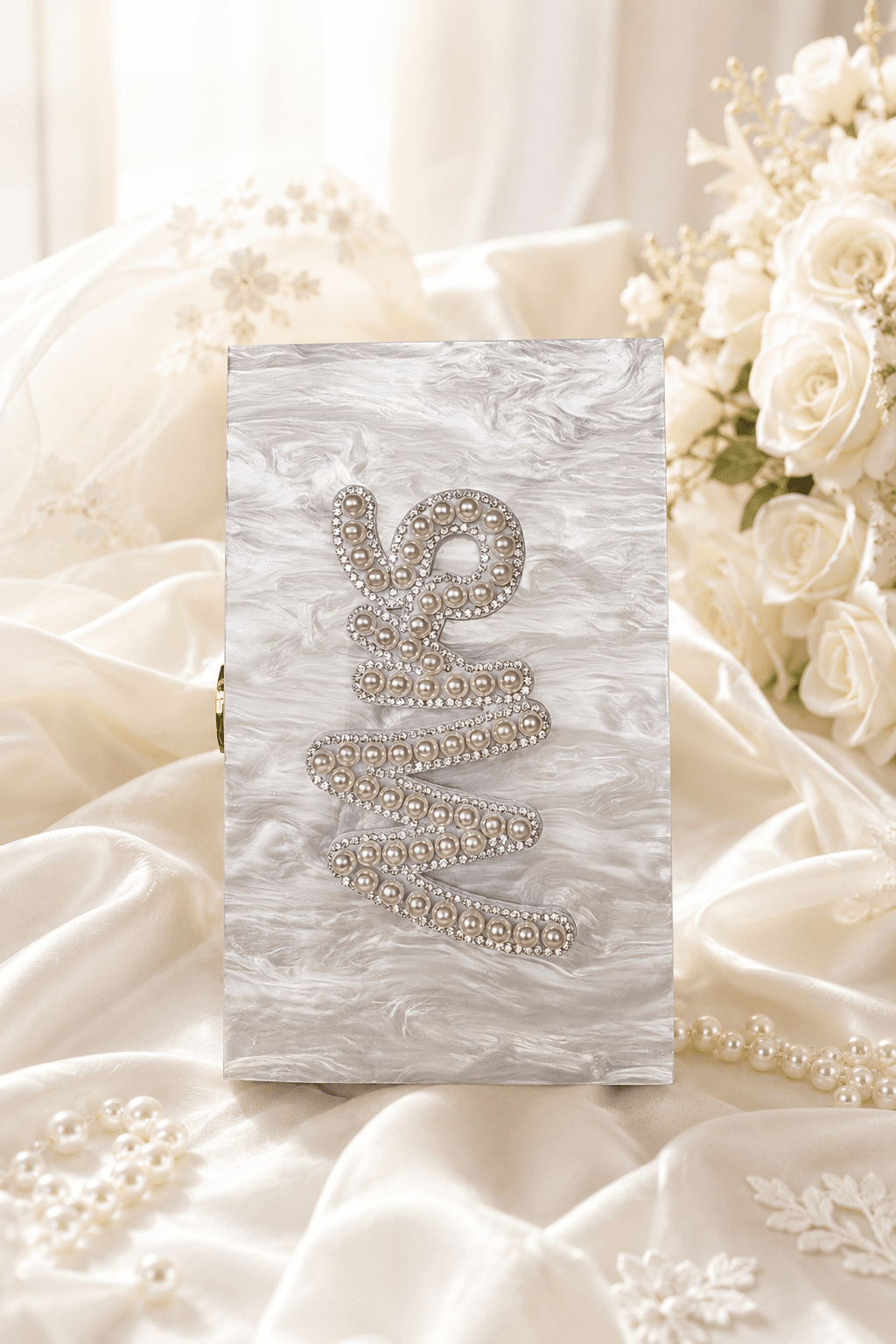 Personalised Mrs Pearl Marble Clutch Bag – Luxury Bridal Wedding Handbag - Bespoke Bridal Co