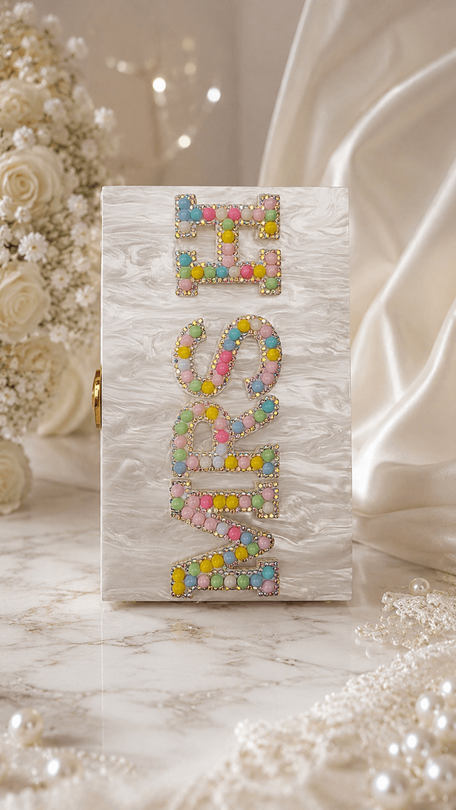 Personalised Mrs Pearl Marble Clutch Bag – Luxury Bridal Wedding Handbag - Bespoke Bridal Co