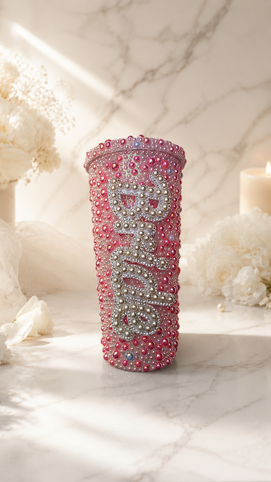 Personalised Bride Deep Pink Pearl Tumbler Cup – Luxury Bridal Gift | Pre-Order